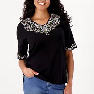 Quacker Factory Embroidered Scalloped Elbow Sleeve Top